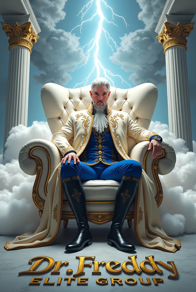 A manly man with white skin, Short silver hair, well-groomed and brown eyes, strong, dressed in an 18th century Russian Zat costume white ivory and gold, Royal blue shirt, high negro, and black high boots with gold details, sitting on a white throne sofa w...