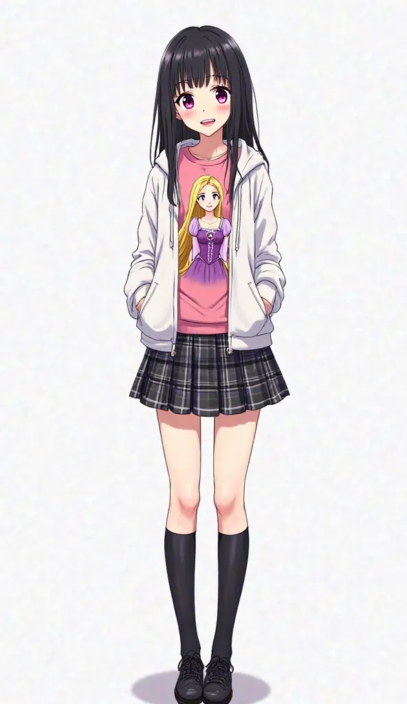 Japanese anime age woman with long straight black hair and intense magenta eyes and wears a pink t-shirt with a print of a princess with long blond hair, Dressed in purple (possibly Rapunzel), and a white hoodie with an open zipper and A pleated plaid skir...