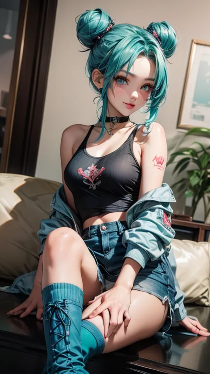 best quality, hyper detailed, FHD, highres, female, looking at viewer, twintail, bun hair, aqua hair, eyes open, big eyes, tank top, , mini skirt, piercing, choker, knee socks, long boots, with a tattoo, beauty mark, in the living room, cel embroidered sat...