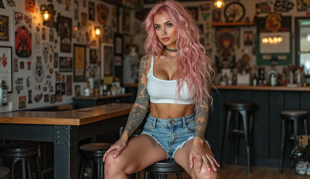 A realistic photo, hdr definition, 12k, photo by full body, photo realistic uhd, hyper detailled, 1womanl, 2, She's sitting on a stool, She looks into the camera, tattoos on the arms and legs, Ela usa shorts jeans, a white crocodile top, long curly pink an...