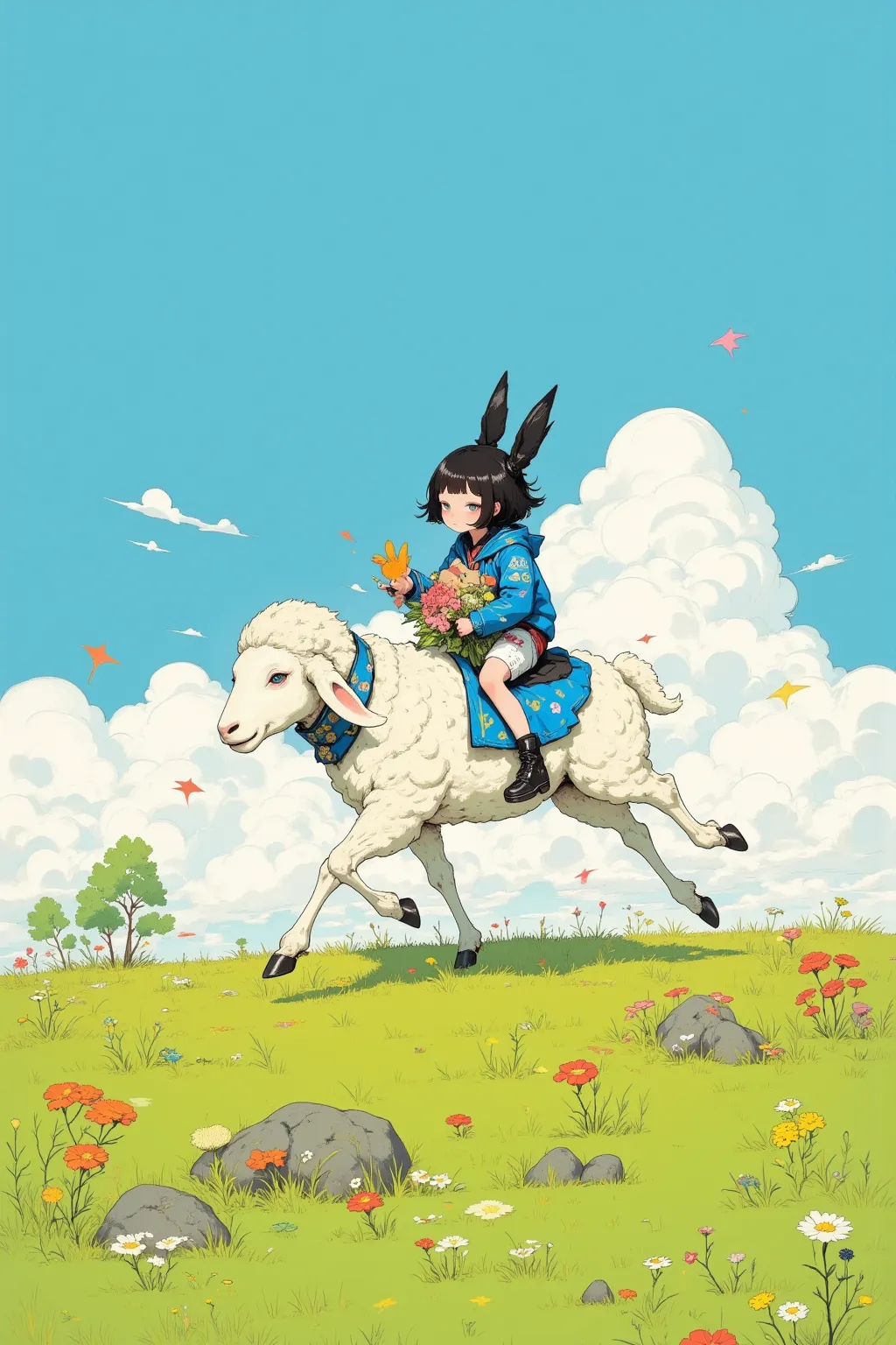 girl with black rabbit ears riding on the back of a sheep sprinting through a vast prairie,The girl is holding a small brown hamster,The sheep has fluffy white fur.、It appears to be running at full speed.,🐹Cute Sheep🐏,The blue sky and green grassland are v...