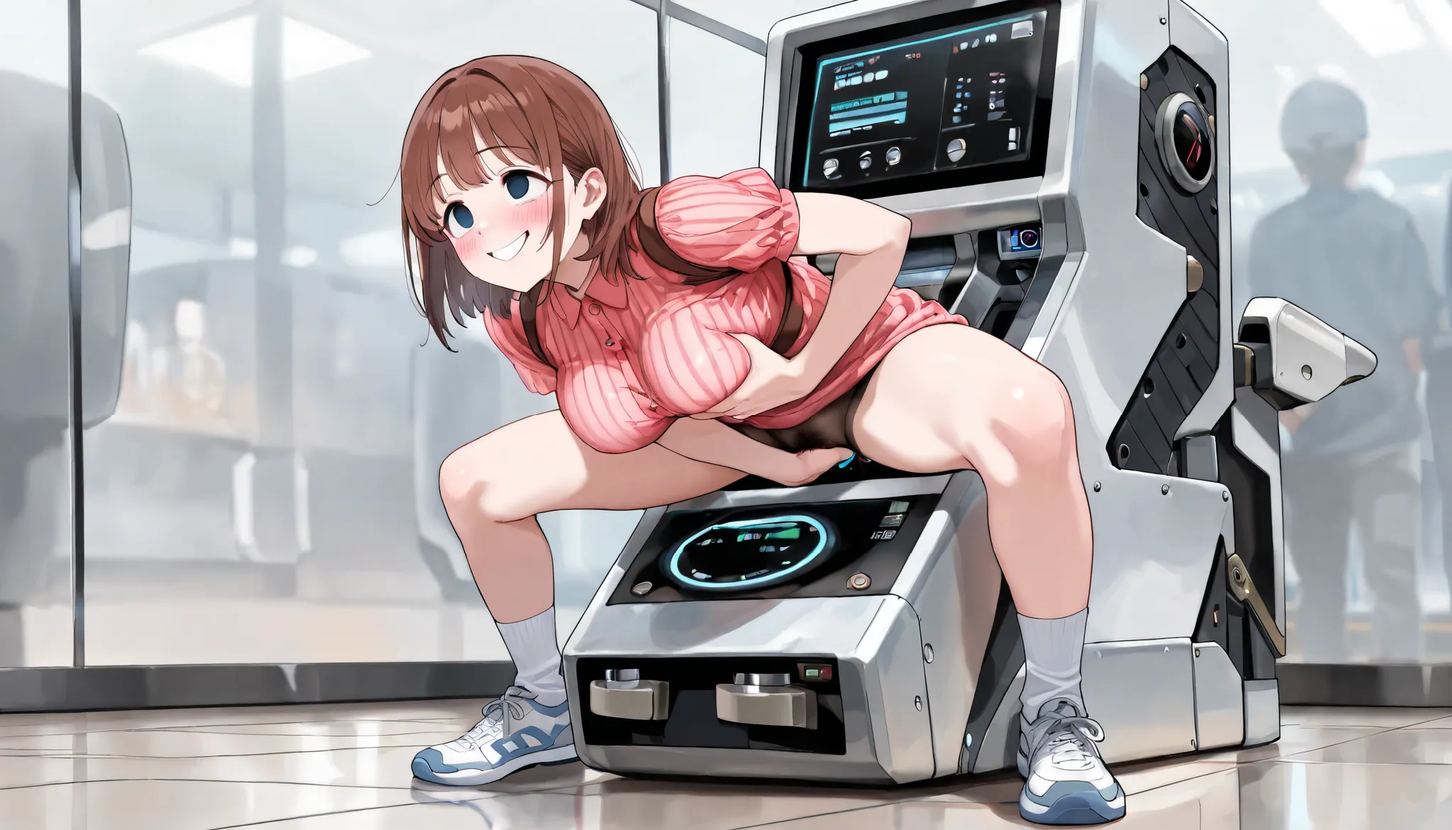 ((round face, ecstasy, drooping eyes, blush, shame smile)), worker clothes, see through lacy blouse with (erect nipples:0.8), pantyhose with pubic hair, spread her legs, (((grabs her breasts on the edge of a machine for masturbation))), in the narrow facto...