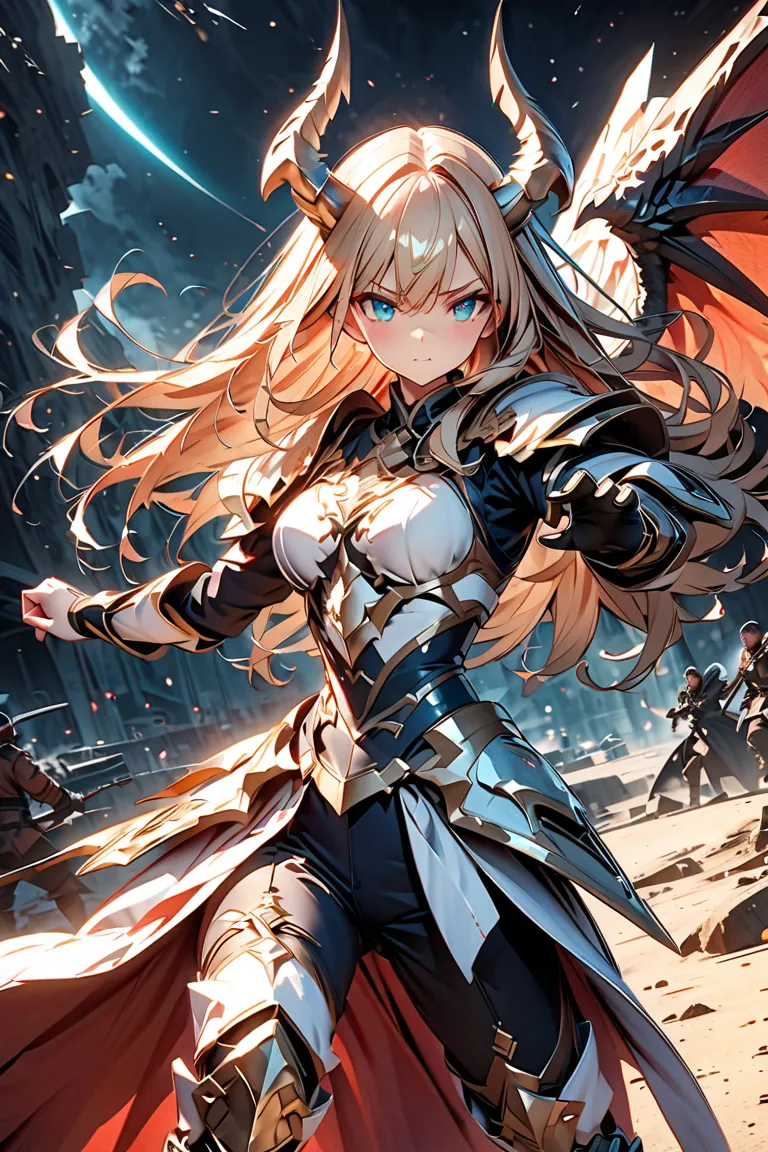 Girl Fighting with Weapons、
1 girl,  serious expression、 long hair,    Lantern,  Dragon Horn,  Dragon Wings behind ：1.2、 jade-colored eyes,  cute face、Armed Girl、 White Armor 、Exquisite White Gauntlets、Exquisite shin guard picture、Brilliant Armor、Flutterin...