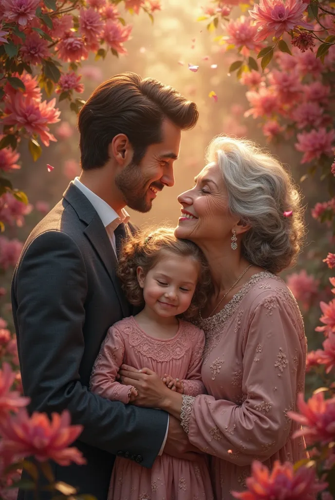 A couple and grandmother standing under a royal flower
