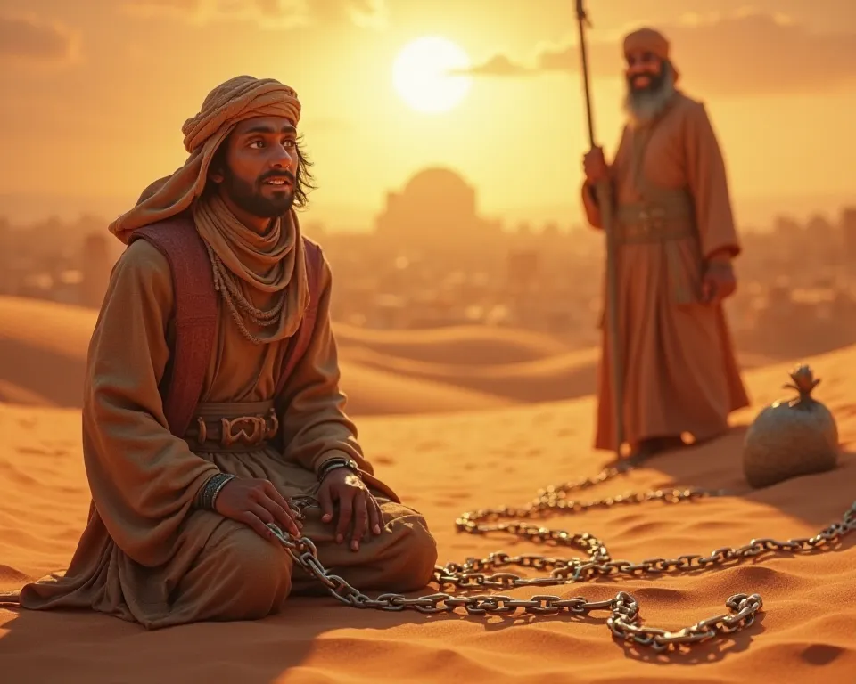 "A cinematic Pixar-style 3D thumbnail featuring Hazrat Bilal (RA) in chains, kneeling on the burning desert sand with intense emotion on his face. His eyes should reflect pain and unwavering faith as he whispers ‘Ahad, Ahad’. In the background, his cruel m...