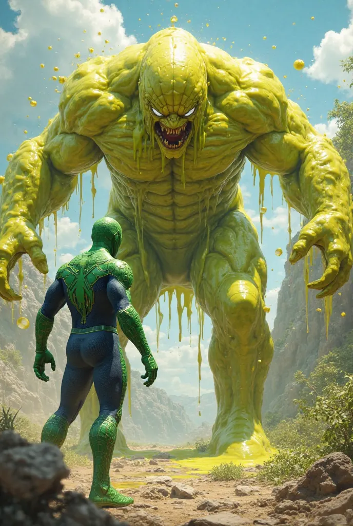 Green Spiderman i releasing yellow slime monster at day