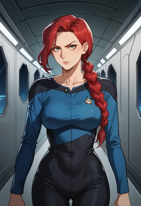 score_9, score_8_up, score_7_up, score_6_up,anime screencap, rating safe, 1girl,red hair,pigtail hair,mature,serious,solo, upper body,corridor,scifi,metal,spaceship,starship,futuristic,machinery,levers,screens, sttng1,star trek blue uniform,black shoulders...