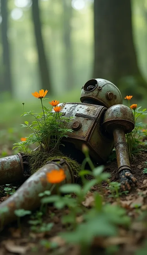 a dead old and rusty body of a robot lying in the forrest, plants and flowers grow out of the body of robot, depth of field, bokeh effect, ultra realistic, cinematography, hyper detailed, absolute realism
