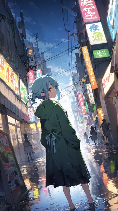 1 girl, solo、A dim urban shopping street、Tall buildings、electric wire、 sign、neon、 after the rain、 the ground is wet、 puddle、greenい目, green／light blue hair tied at the top、back view、dutch angle, silhouette、