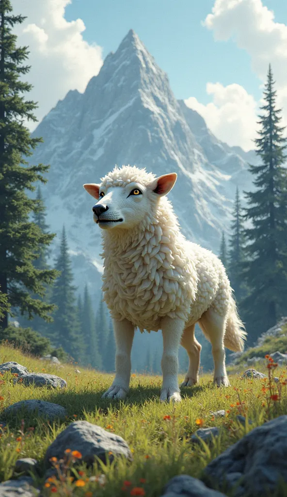 one animal with the common features of a sheep and a wolf in a clearing with a mountain in the background