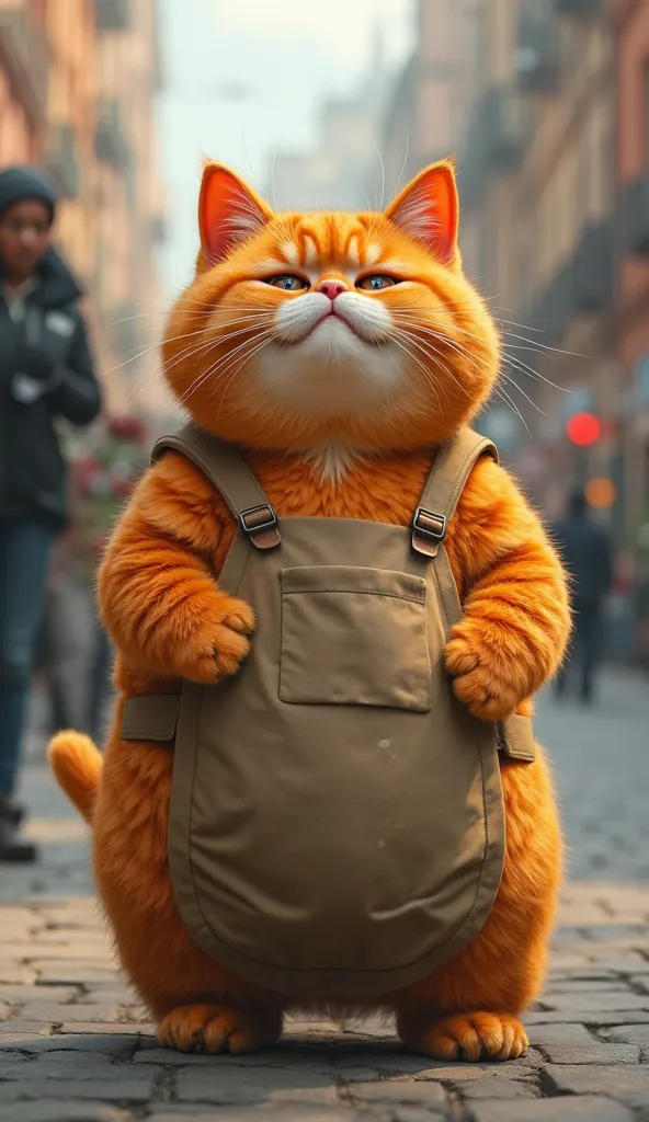 An orange fat cat, he is crying, you can see tears on his face, and he is wearing an apron, you can see that he is in an urban environment
