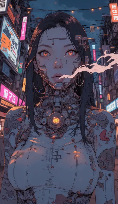 JichaoClosedUp、fisheye lens、anime girl with tattoos and piercings is smoking, anime style 4 k, anime styled digital art, anime style artwork, anime style illustration, anime style. 8k, anime style art,  anime atmosphere ,  retro anime girl , detailed digit...