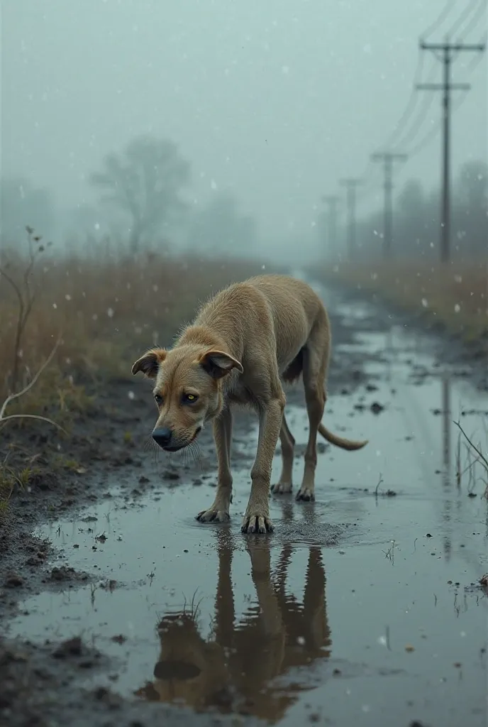 A very thin sad dog walks in a puddle.