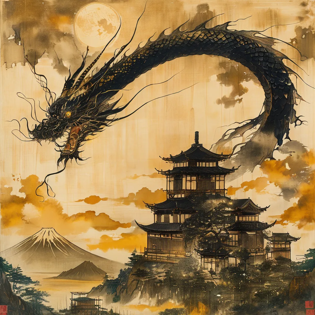 A majestic black dragon with shimmering golden eyes, hovering over a golden landscape with Mount Fuji in the background. The dragon’s body is covered in intricate black scales, reflecting golden light. The atmosphere is mystical and filled with floating go...