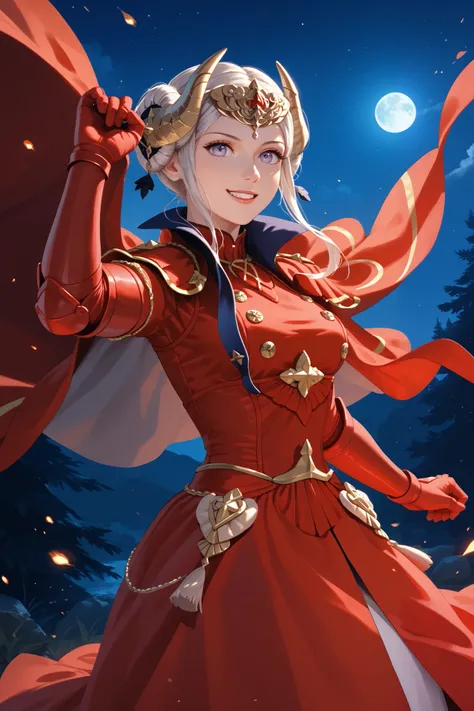masterpiece, beautiful, ultra-detailed, detailed face, 4k, hd, perfect lighting, best quality, score_9, score_8_up, score_7_up, score_6_up, 2d art, perfect hands, perfect eyes
((cowboy shot))
warEdel, double bun, fake horns, short hair, tiara, red dress, r...