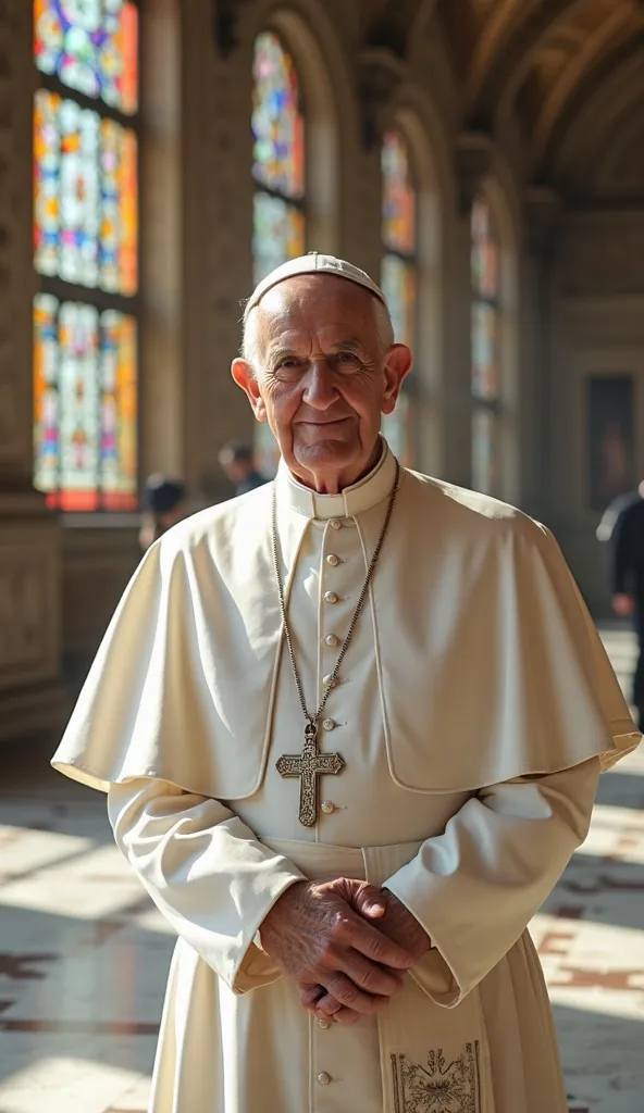 an elderly man in his late 80s, pope francis, wearing traditional white papal robes, stands in the grand halls of the Vatican during the day. Sunlight streams through the large stained glass windows, casting colorful patterns on the marble floors. His face...