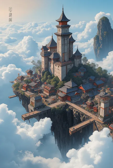 A castle town on an island floating above the clouds, a large deformed girl waving from the castle tower, a Japanese feel, ultra detailed, absolutely resolution, masterpiece