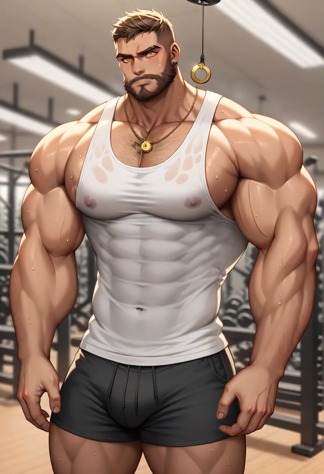 Jack Reacher alone in the gym, staring at golden pendulum, stringer tanktop, gym shorts, beard, muscular, muscles, big biceps, broad shoulders, massive pecs, sweaty, hairy chest, golden glow in the eyes, blank expression, vacant stare, hypnotized, brainwas...