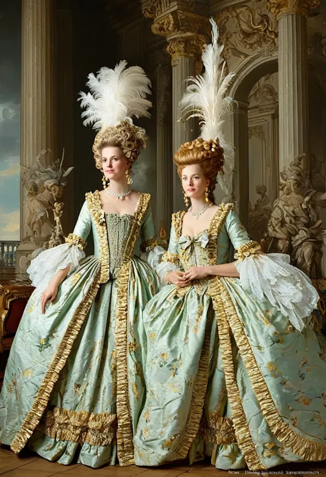 A jean baptiste martin-inspired oil-on-canvas painting featuring three female figures dressed in elaborate Baroque opera costumes on an 18th-century stage. Each wears a voluminous gown with pink, green, and gold hues, adorned with floral patterns, lace,  g...