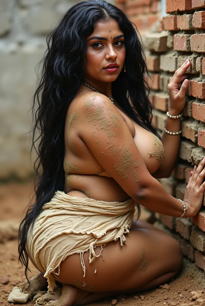 Indian pornstar, plus size, busty, big huge m cup breasts, thick creamy shaved thighs, seductive face, ,long HEAVY black dirty hair , wrapped in a tattered shredded towel, covered in soil and dirty, laying bricks at a construction site, looking at the came...