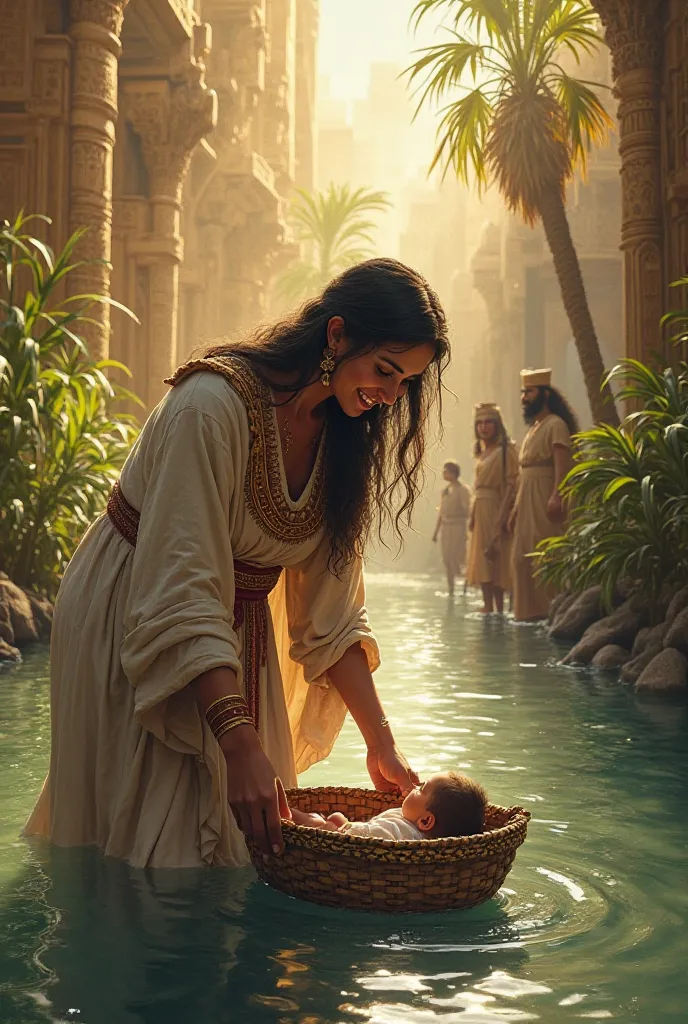 Image of Pharaoh's daughter picking up Moses in the basket in the river