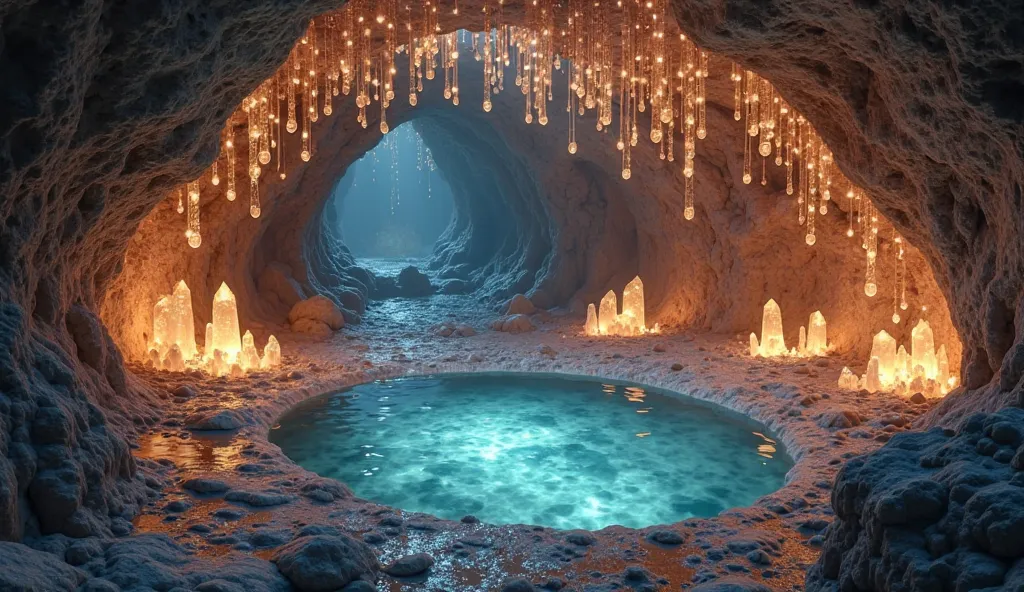 A peaceful, hidden crystal chamber deep underground, glowing softly with magical energy. The walls are adorned with clusters of translucent, shimmering crystals that emit a warm, enchanting light. The reflections dance across the cave’s surface, creating a...