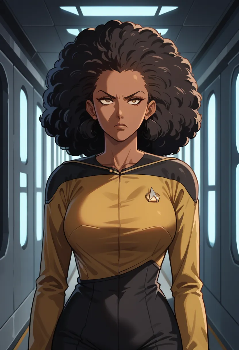 score_9, score_8_up, score_7_up, score_6_up,anime screencap, dark skin, afro hair, rating safe, 1girl,orange rastafari hair,pigtail hair,mature,serious,solo, upper body,corridor,scifi,metal,spaceship,starship,futuristic,machinery,levers,screens, sttng1,sta...