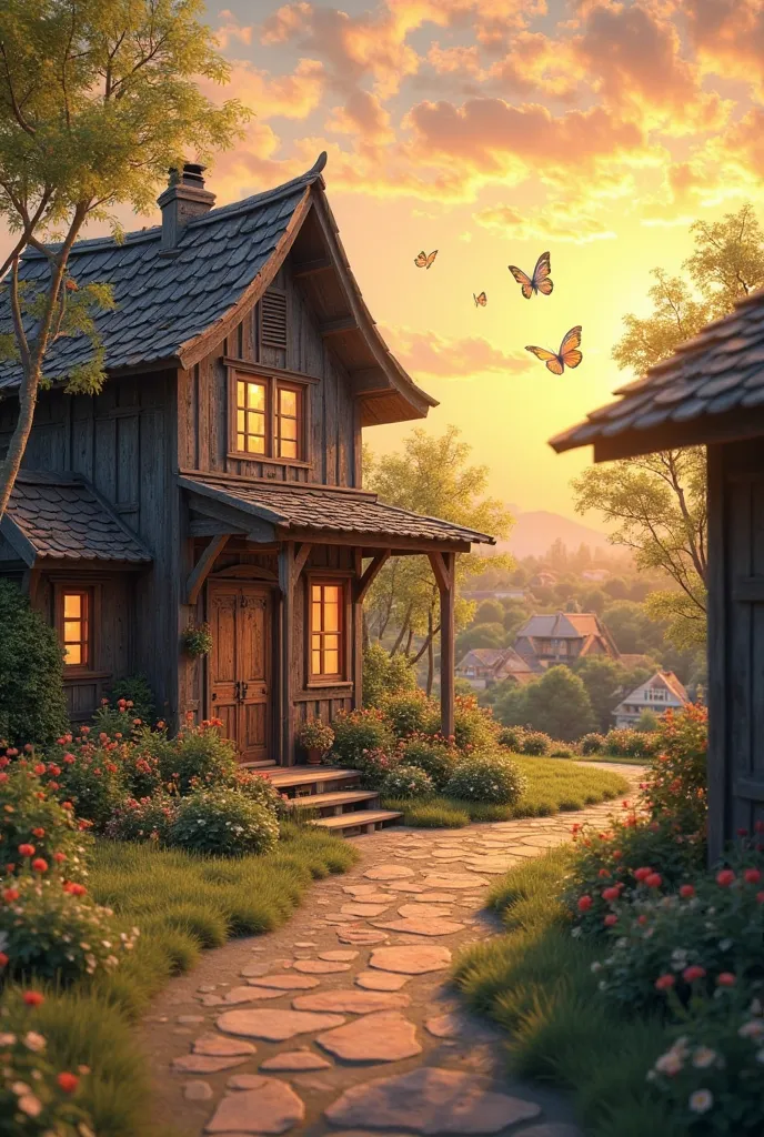 Garden house wooden compound wall, village sunset, butterflies, road, 