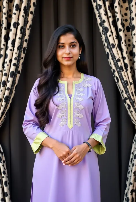 A young woman, likely in her late s or early twenties, of South Asian ethnicity, is centrally positioned in the image.  She is wearing a light purple, traditional South Asian outfit (perhaps a salwar kameez). The outfit features embroidered paisley pattern...