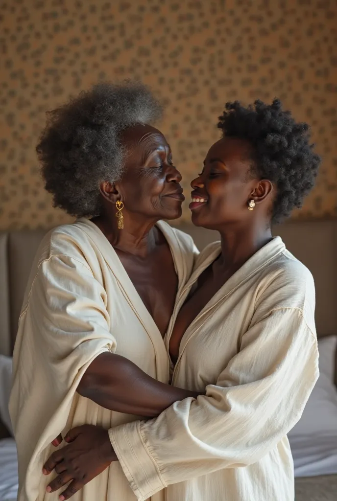 Créer une image réaliste d'une vieille grand-mère africaine (70 ans), avec une peau noire et foncée, Avec les cheveux courts, portant une robe blanche et portant des lunettes de vue, embrassant une jeune femme européenne, blanche de 2 ans dans ses bras en ...