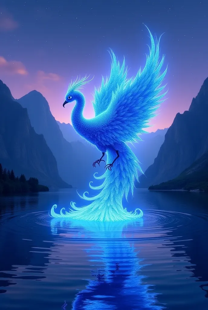 

**"A majestic brilliant blue phoenix emerging from the waters of a serene lake amidst a mountainous landscape at dusk. Its feathers twinkle like pure magical energy, radiating a heavenly glow that reflects on the surface of the water. The sky displays pu...