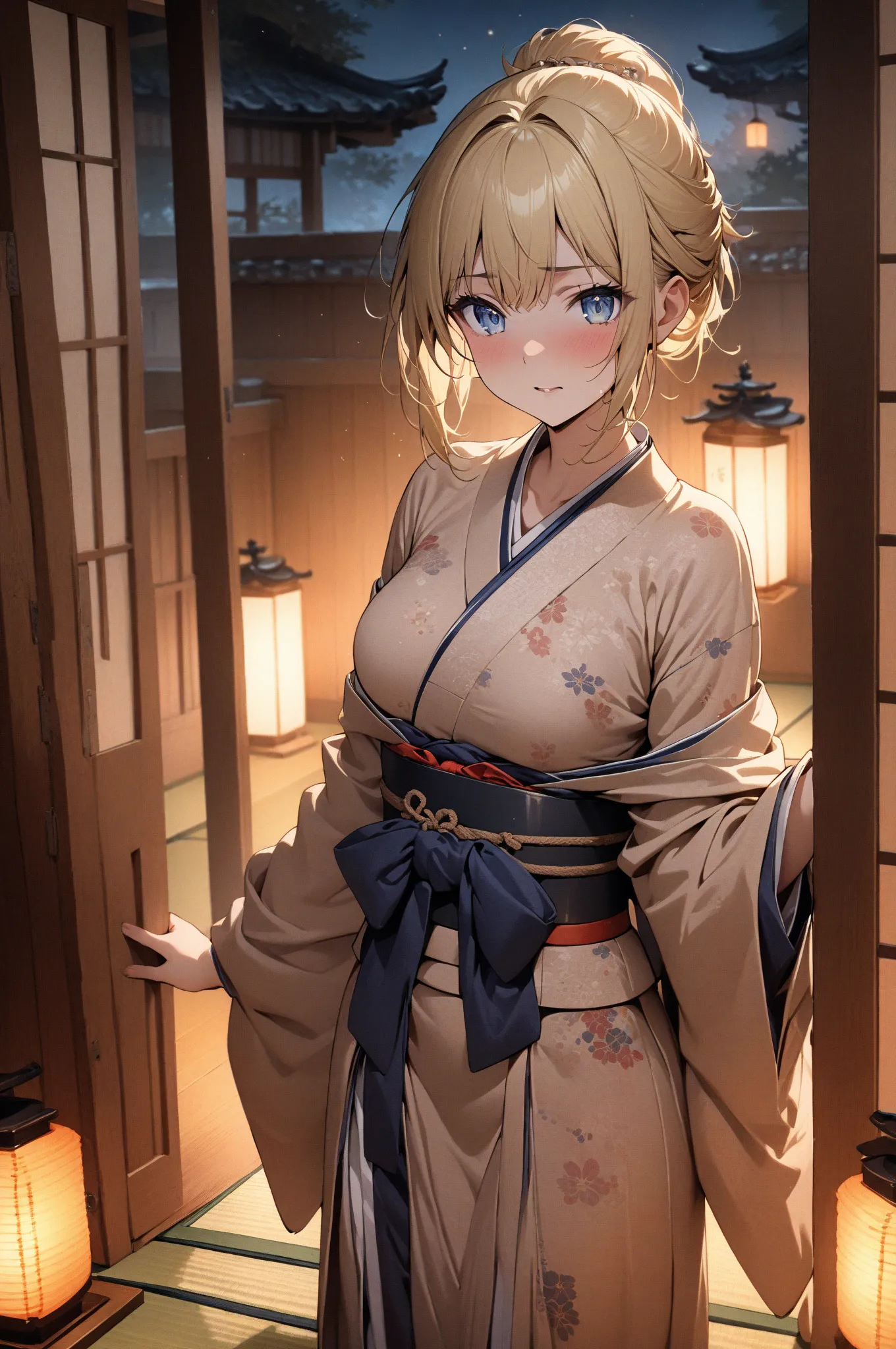 (masterpiece, detailed:1.2), One Girl, Princess, (18-years old), blonde one updo, Medium Breasts, sky blue eyes, BREAK, Highest quality, Tatami room, Japanese room, Kimono, at night, lantern