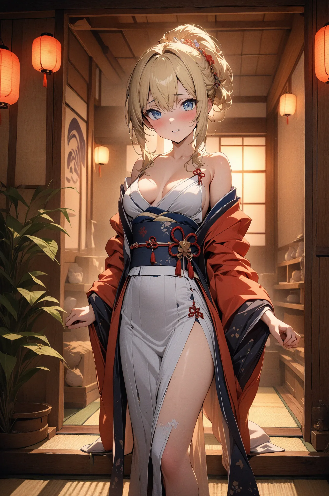 (masterpiece, detailed:1.2), One Girl, Princess, (18-years old), blonde one updo, Medium Breasts, sky blue eyes, BREAK, Highest quality, Tatami room, Japanese room, Kimono, at night, lantern