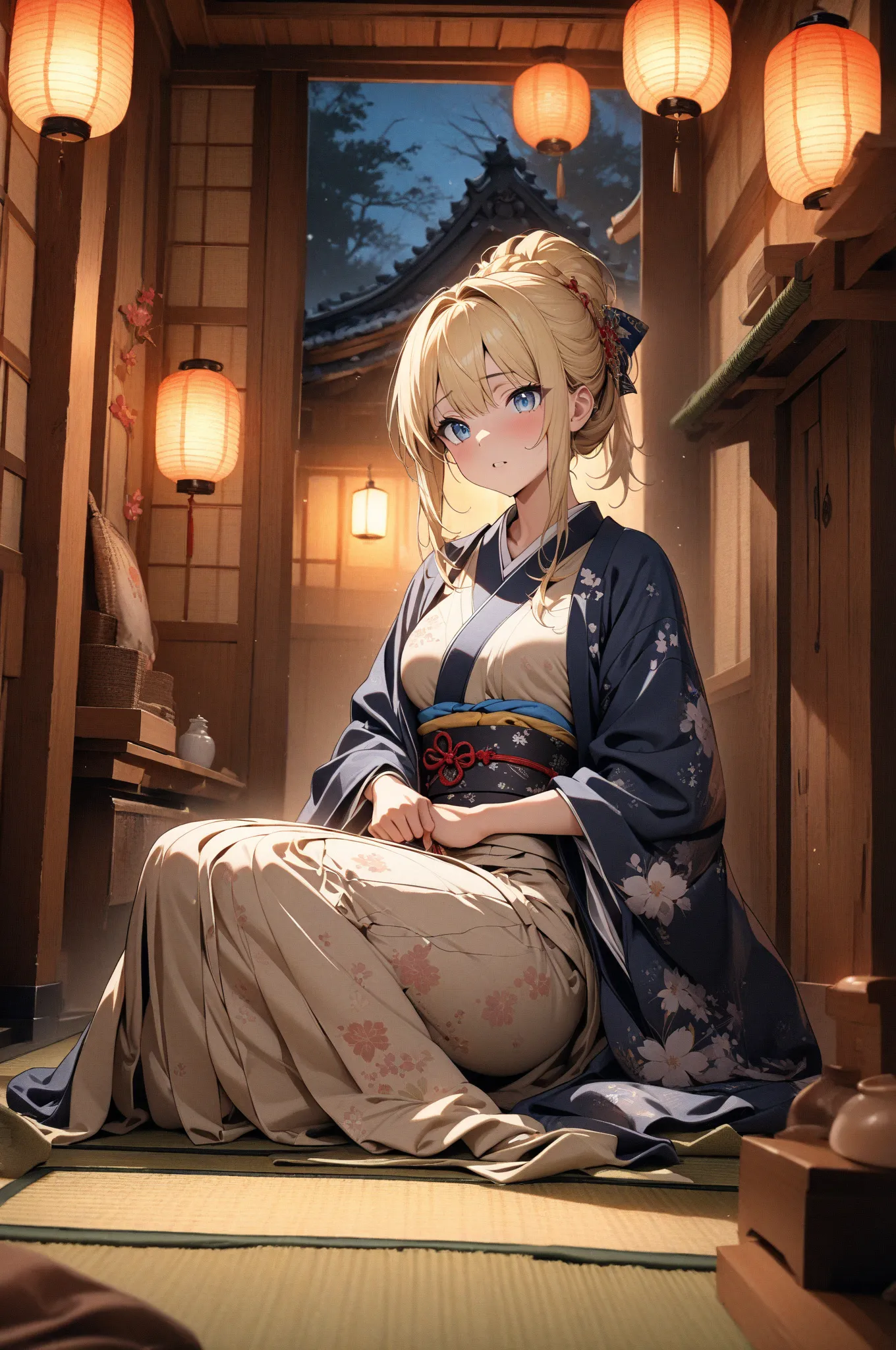 (masterpiece, detailed:1.2), One Girl, Princess, (18-years old), blonde one updo, Medium Breasts, sky blue eyes, BREAK, Highest quality, Tatami room, Japanese room, Kimono, at night, lantern