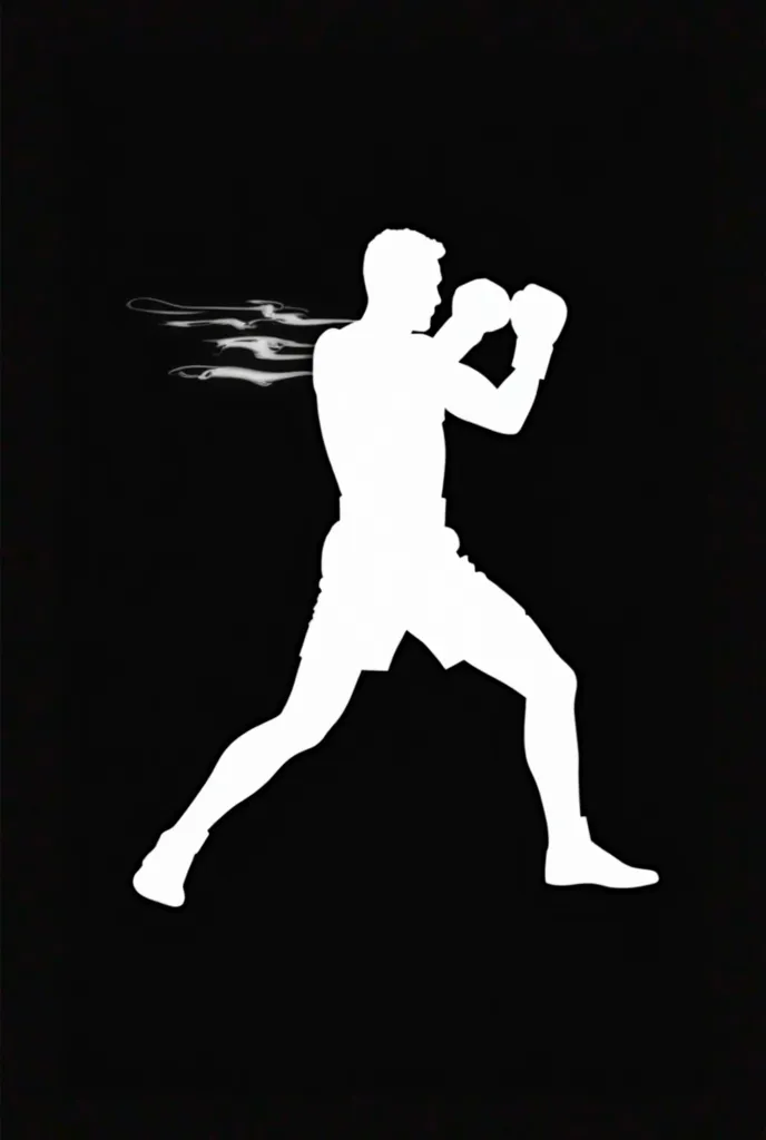 A white silhouette of a full-body boxer delivering a perfect uppercut punch, viewed from the side, against a solid black background. The boxer is in a dynamic, action-packed pose with one arm extended in the uppercut and the other hand close to the body in...