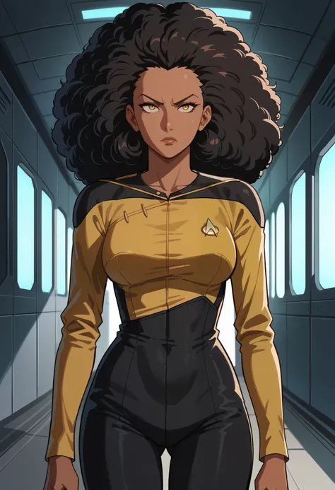 score_9, score_8_up, score_7_up, score_6_up,anime screencap, dark skin, afro hair, rating safe, 1girl,orange rastafari hair,pigtail hair,mature,serious,solo, upper body,corridor,scifi,metal,spaceship,starship,futuristic,machinery,levers,screens, sttng1,sta...