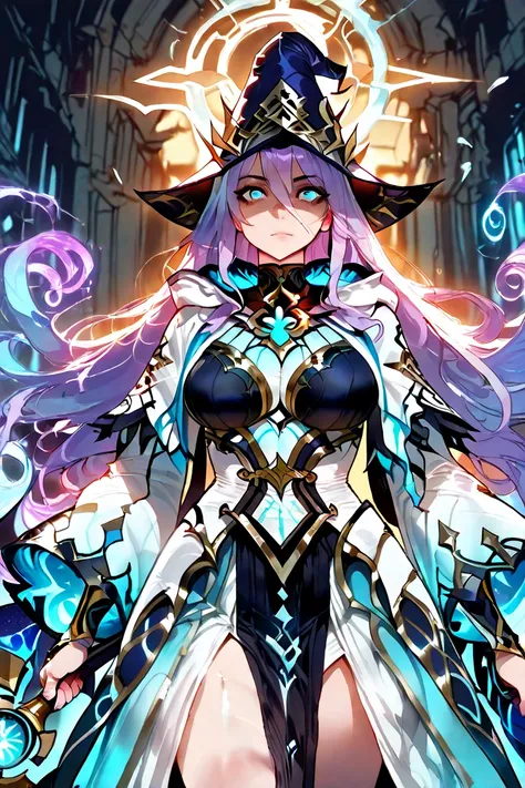 Anime-style female mage standing in a mystical, ethereal landscape. She wears a tall, pointed wizard hat with glowing runes, and a long flowing robe adorned with intricate magical symbols. Her large, expressive eyes glow with arcane energy. She holds a mag...