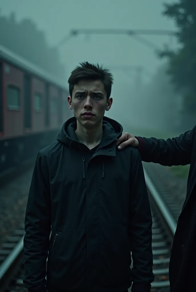 A frightened young man standing on a misty railway platform, eyes wide with terror. Behind him, an eerie, shadowy hand reaches for his shoulder. The background is a mix of darkness and fog, and the ghostly train is barely visible, adding to the suspense.