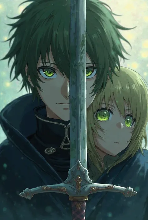 Kirito holding the sword with the reflection of his friend Eugeo reflecting on it Eugeo with beautiful luminous green eyes