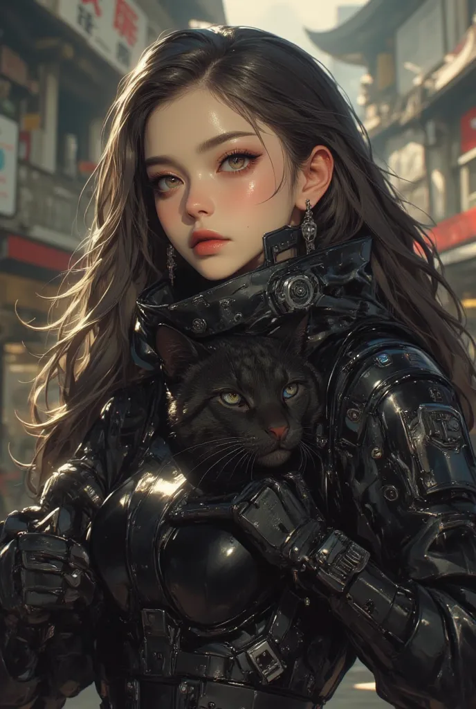 8k, Masterpiece, Top Quality,((full body, asian)),perfect body, pale white skin, glossy red lips, evil seductive smile, defined smart brown eyes, she got thick long light brown silky curly wavy hair, black mechs ninja suit with high detailed decoration, ca...