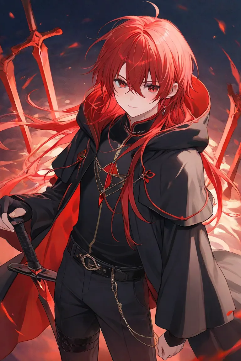 boy、cute、The hair is beautiful blue、Beautiful hair、 wearing a hood 、Red eyes、I have a sword