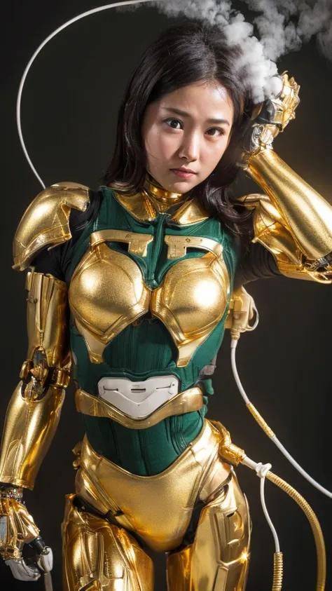 textured skin, very well detailed,    attention to detail  , high quality, 最high quality, High Resolution, 1080P,    hard disk,  beautiful,(gold mecha cyborg girl、wires and cables connected to it ), beautifulサイボーグ女性, dark green mecha cyborg girl ,fight,  w...