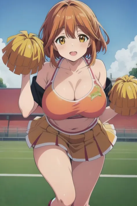 Koiwai Yoshino ,(masterpiece, best quality:1.2),2D, anime,  Anime art,  line art  , watercolor,loli, 1 girl , (orange hair), (large breasts:1.6),(short hair),Alone,(cheerleader)