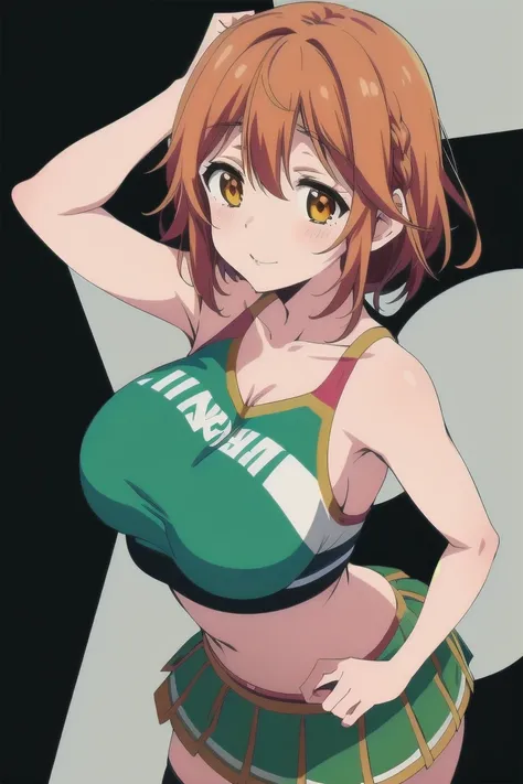 Koiwai Yoshino ,(masterpiece, best quality:1.2),2D, anime,  Anime art,  line art  , watercolor,loli, 1 girl , (orange hair), (large breasts:1.6),(short hair),Alone,(cheerleader)