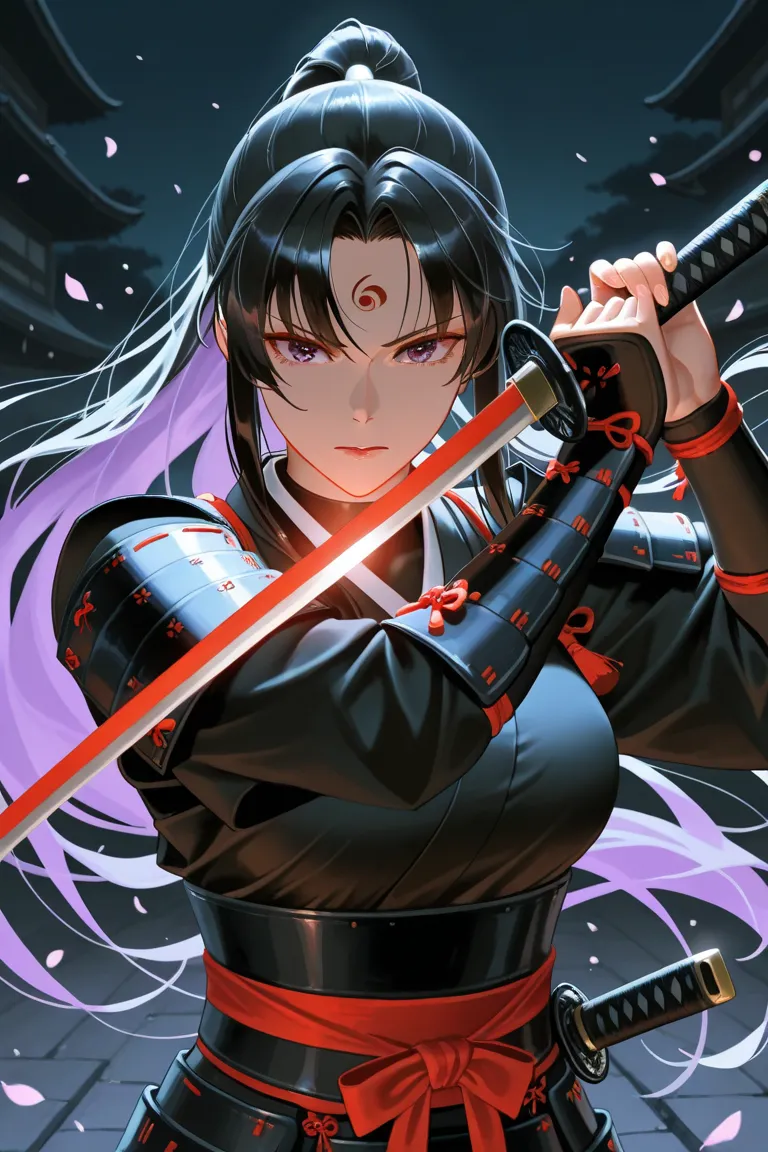 masterpiece, TOP QUALITY,  beautiful woman ,  character emphasis , One person, upper body, long hair, samurai, Ninja,  Japanese Armor ,,In a pose holding a sword, dynamic angle,  Moonlit Night, Ancient Kyoto