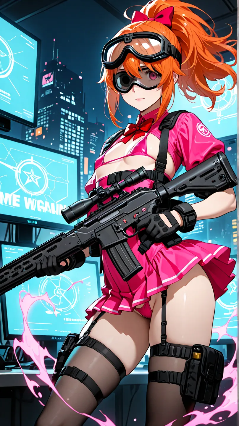 woman floating in frame. neat, long orange ponytail hair style, small breast, large red bow in hair, tactical gear with straps and bags, pink designer mini dress, pleats, thin strap micro bikini and thong, garter belt, futuristic glass goggles over one eye...