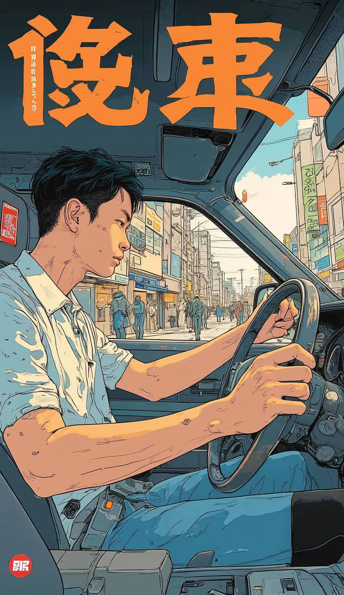 painting of a man in a car, Harry Beckhoff screen print depicting a handsome Japanese man in a car,  Reddit , Arts Labor Council, Awareness-raisingn!, Awareness-raisingn |  Rutkovsky , #Awareness-raisingn, (by Tom Purvis), stylised Awareness-raisingn,  car...