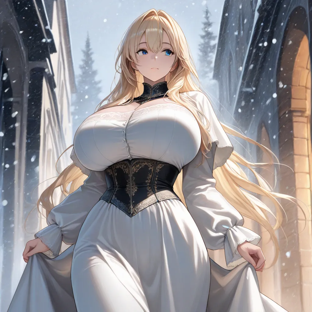 ( Masterpiece, best quality) Alone,  A woman,  perfect, beautiful eyes and light blue, blond hair,  dazzling, elegant, face, anatomia  perfect, black medieval costumes, vista panorâmica  perfect, huge breasts,  thin waist, wide hip, Snowing Background, loo...