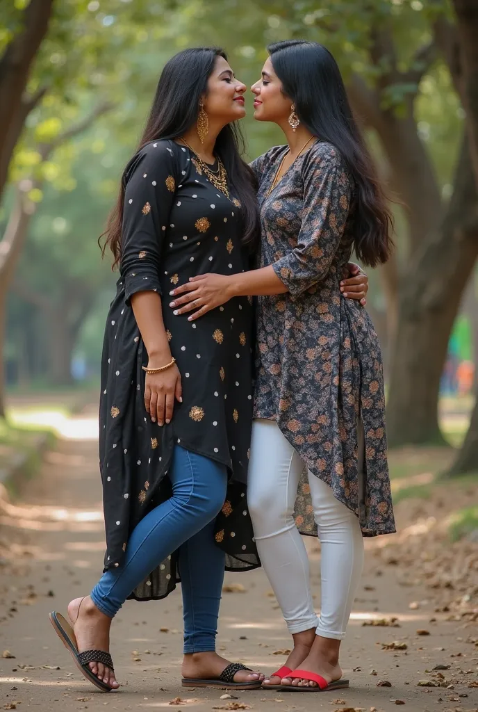 24 year old busty ((Large breast)) indian woman Wears Black silk printed Open kurti with blue leggins and other 25 year old busty ((Large breast)) indian woman Wears Charcoal printed kurti with White leggings and Both legs and thighs entangled to each othe...