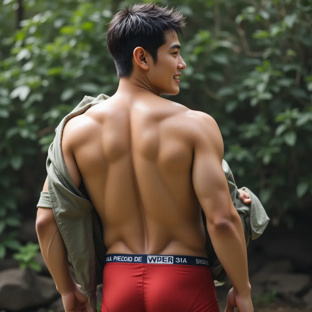 live-action, surreal, photos,super high quality,Back view of a handsome age Japanese man wearing thick red boxer shorts turning around with a smile while taking off his black t-shirt and showing his bare back, full body,